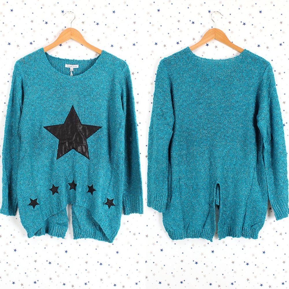 Star Accent Sparkle Knit Sweater Teal